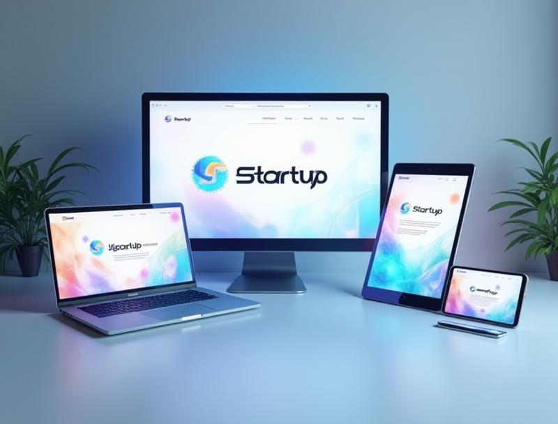 Mockup of tech startup branding on screens showcasing logo and website elements